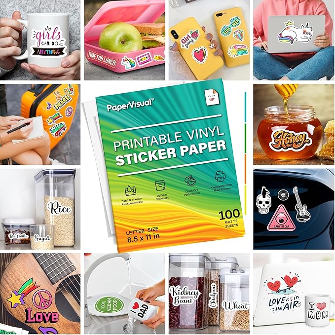 Premium Printable Vinyl Sticker Paper for Inkjet and Laser Printer - 100 White Matte Sticker Paper Waterproof - Excellent Adhesion Paper 8.5 x 11, Fast Dry, Holds Ink Well, Great for Cutting Machines