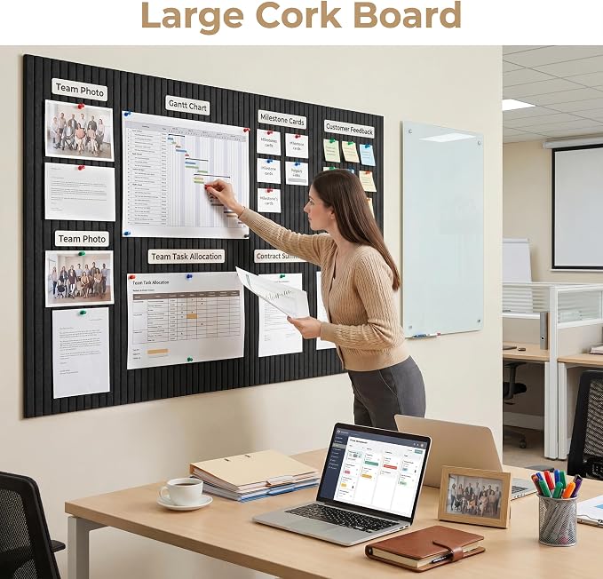 Felt Bulletin Board 36"x 24", Cork Boards for Walls, 6 Pack Bulletin Board Large Cork Board for Office, Felt Boards with 40 Safe Removable Adhesive Tabs Wall Decor for Home(Black)