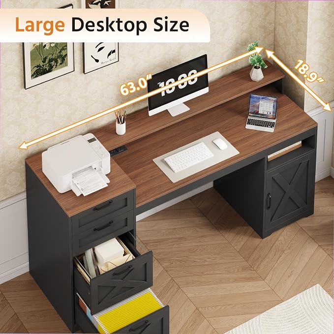 63" Farmhouse Computer Desk with 4 Drawers for Home Office, Bedroom | Executive Desk with Printer Shelf, Monitor Stand, Home Office Desks with Power Outlets, Storage Shelves, Brown and Black