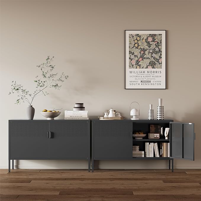 Metal Storage Cabinet,2 Door TV Stand, Metal Mesh Accent Cabinet | Magnetic Door Closure,Low Storage Cabinets with Doors and Shelf for Home,Office,Living Room