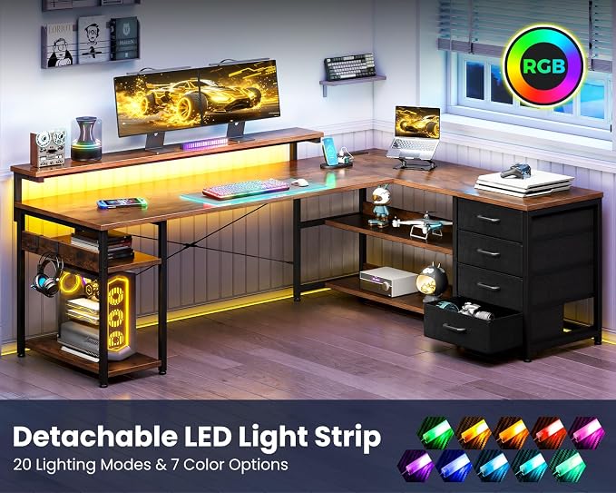 AODK 61 Inch L Shaped Computer Desk with 4 Drawers, LED Lights, Vintage | Power Outlets, Adjustable Monitor Stand, Open Storage Shelves, Reversible Layout for Gaming and Home Office