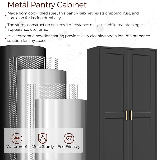 60" Tall Kitchen Pantry Cabinet, Metal Storage Cabinet with Doors | Kitchen Cabinet with 4 Adjustable Shelves, Tall Food Pantry Cabinet, Black Cupboard for Kitchen, Dining Room, Garage & Office