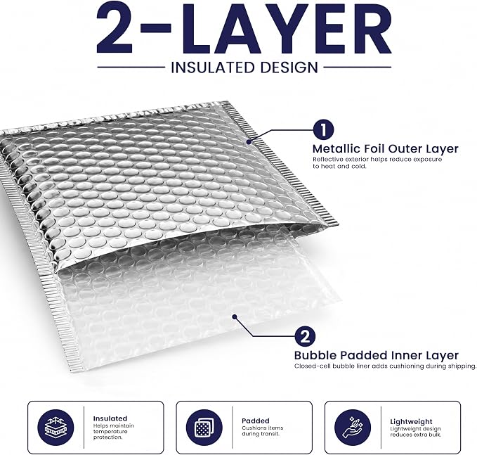 Waterproof Insulated Foil Thermal Bubble Mailers 10x11, 200-Pack | Ideal for food, skincare, cosmetics & perishables. Tear-resistant metallic lining protects temperature-sensitive items.