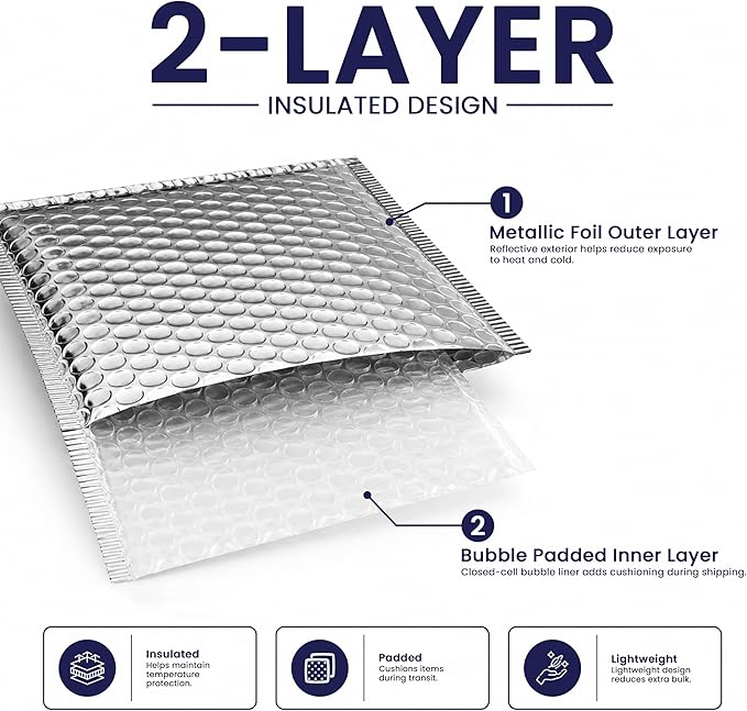 Waterproof Self-Seal Insulated Foil Thermal Bubble Mailers 15x17, 200-Pack | Ideal for meal kits, frozen goods & bulk perishables. Tear-resistant metallic lining protects temperature-sensitive items.