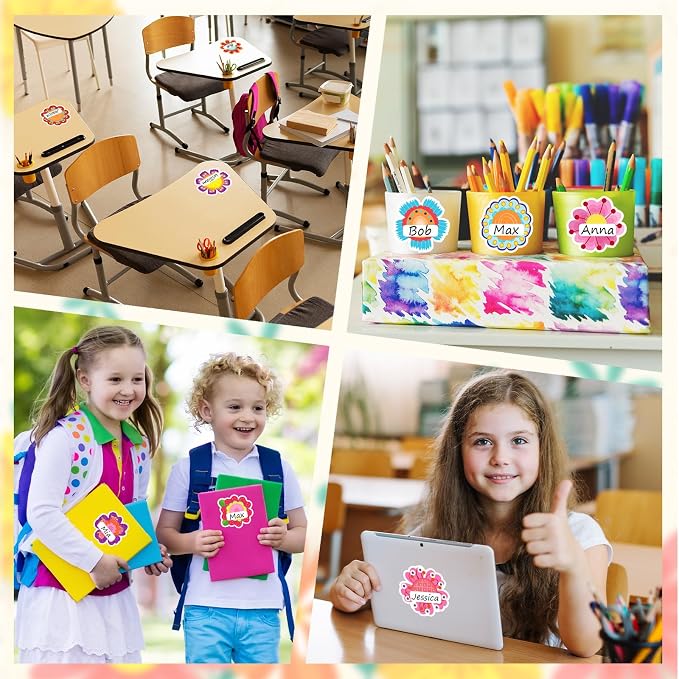 Whaline 90 Pcs Back to School Floral Name Tag Stickers Colorful Funny Flower Shape Nameplates Self-Adhesive Label Decals for Students Desk Classroom, 9 Designs