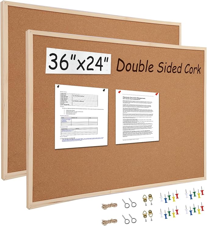 2 Pack 24” x 36” Cork Boards for Walls with Wooden Frame, Double Sided Office Board for Wall Organizer, Bulletins Board Decorative Hanging Pin Board for School, Home & Office, Notice Board Memo Board