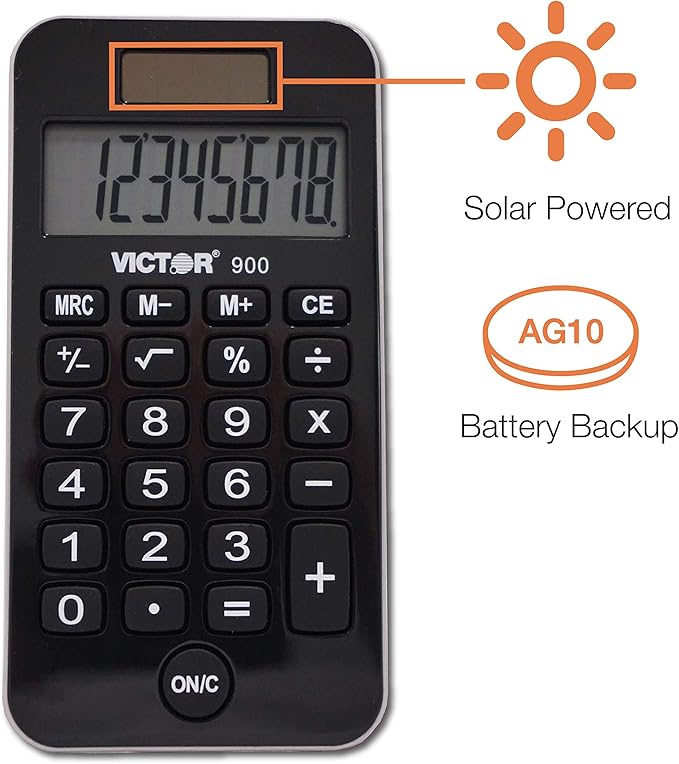 Victor 900 8-Digit Standard Function Calculator with Hard Protective Cover, Solar and Battery LCD Display, Small Pocket Calculator for Students and Professionals, Black, 0.3" x 2.5" x 4.3"