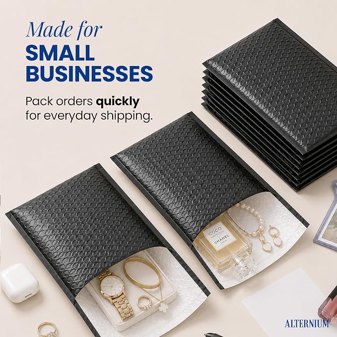 ALTERNIUM Bubble Mailers 6x9 Inch, 50-pack – Small Padded Shipping Envelopes, Self Seal Poly Bubble Mailers, Waterproof Lightweight Mailers for Jewelry, Trading Cards & Small Business - Black