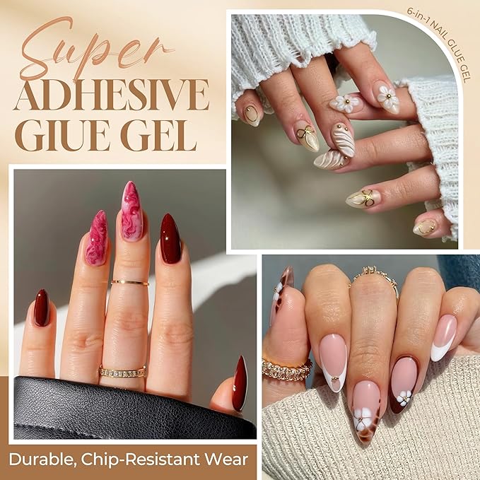 UNA GELLA 6 in 1 Gel Nail Glue for Acrylic Nails Tips 2 Pcs 10ml Super Strong Nail Glue Long Lasting Brush On Nail G el Glue Curing Needed U V for Base Coat, Soft Gel Nail Tips, Clear Press on Nails