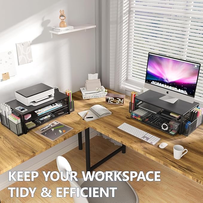 Desk Organizer and Accessories, 2-Tier Computer Monitor Stand Riser with Drawer and 2 Pen Holders, Laptop Stand, Office Desk Accessories for Office Supplies, 2 Pack, Black