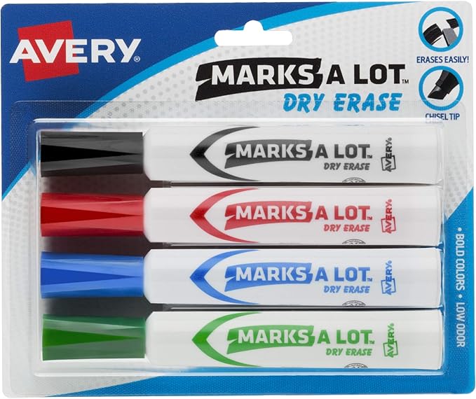 Avery Marks A Lot Dry Erase Markers, Low Odor White Board Markers with Chisel Tip, 4 Assorted Colors (24409)
