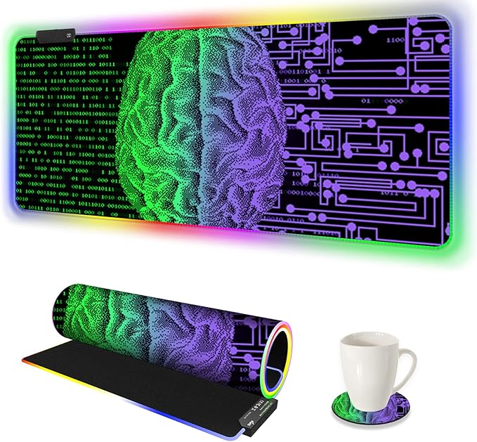 AIMSA Large Gaming Mouse Pad RGB, Keyboard Led Mousepad Extended 35.4 x 15.8 inch Non-Slip Rubber Base with 14 Lighting Modes, Big Desk Mat Waterproof, Technology Brain