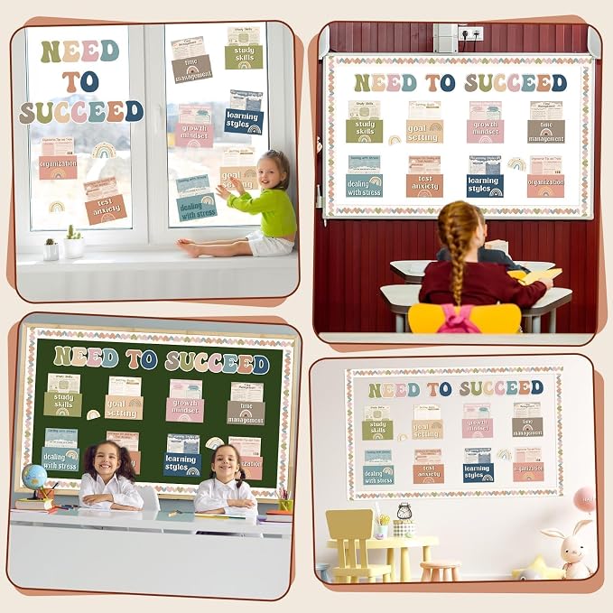 47 Pcs Need to Succeed Counselor Bulletin Board Set Boho Mental Health Classroom Bulletin Board Decorations Positive Growth Mindset Posters with Covers for Counseling Therapy Office School Home Decor
