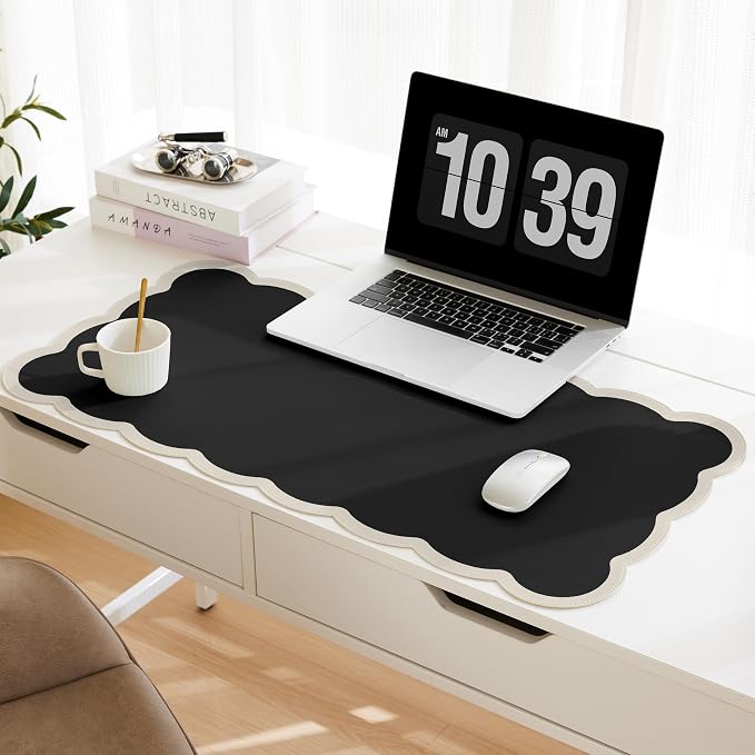 Scalloped Desk Mat, 31.5" x 15.7" Black Beige Large Cute Aesthetic Desk Accessories, PU Leather Computer Laptop Desk Mouse Keyboard Pad, Desk Writing Mat for Vanity/Work/Home Decor
