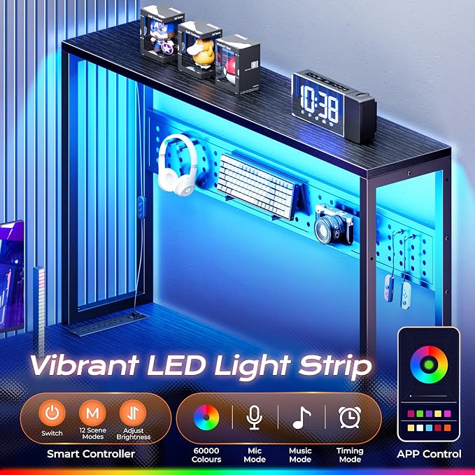 L Shaped Gaming Desk with LED Lights & Power Outlets | Reversible Computer Desk with Storage Shelves & Bag, Large Corner Home Office Desk with Pegboard for Work from Home, Black