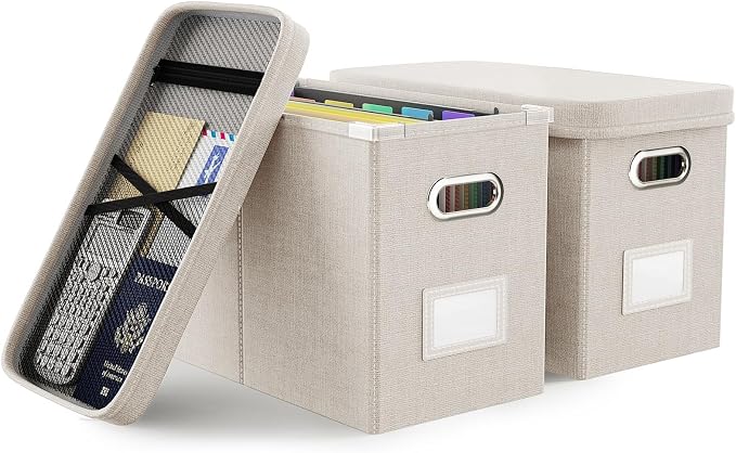 File Organizer With Lid, Hanging Filing Box With Mesh Pocket, Document Organizer for Letter Files, Portable Storage With Smooth Sliding Rail for Office & Home (2 PCS, Beige)