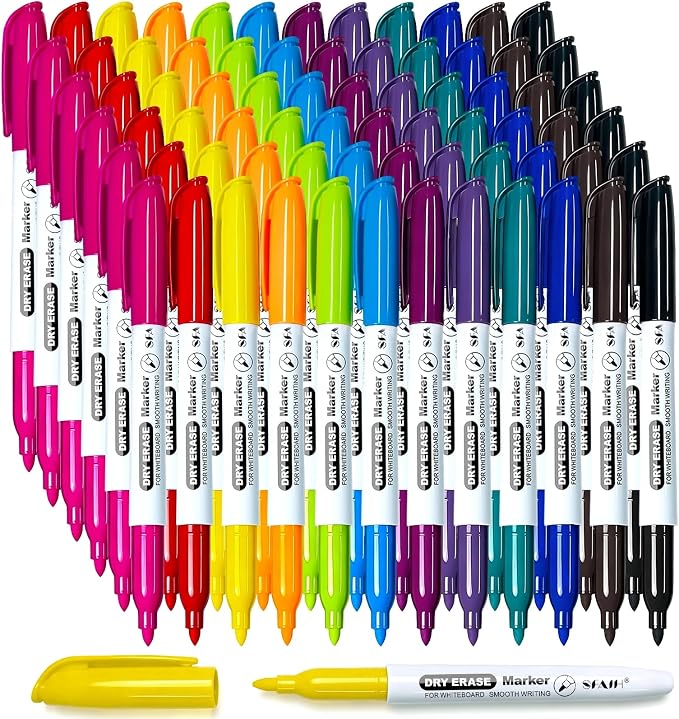 SFAIH Fine Tip Dry Erase Markers, 72 Pack, 12 Colors, Low Odor, Non-Toxic | Easily Erases,Perfect for Whiteboards, Ideal for Classroom, Office, Home, Teacher Supplies, Back to School