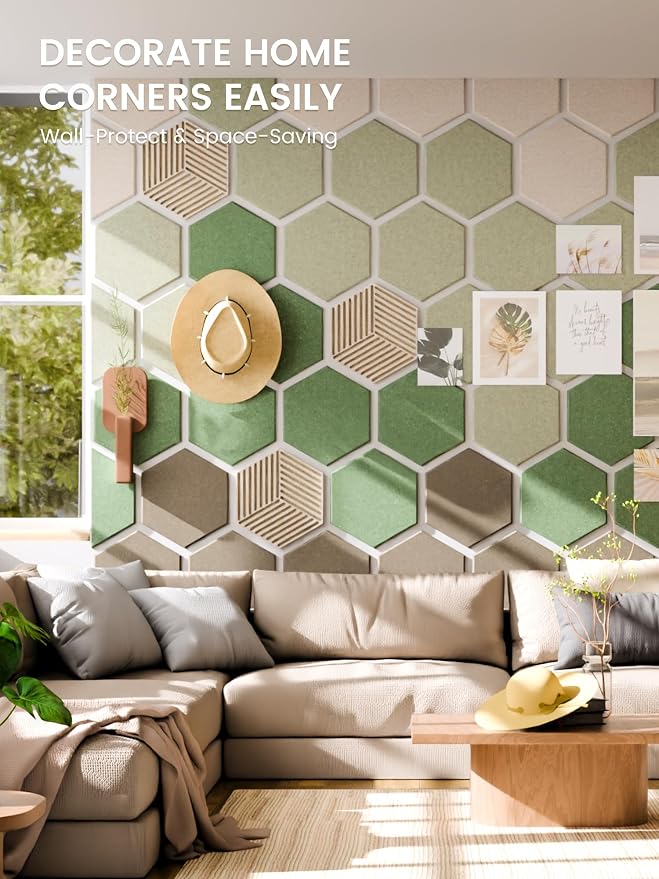 Fluxynara 10-Pack Hexagon Cork Board Alternative, Moss Haven | Felt Bulletin Board with 50 Adhesive Tabs, Ideal for Vision Boards and Wall Decor in Homes, Offices, Classrooms, and Dorms