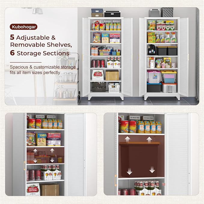 75" Tall Kitchen Pantry Cabinet, Metal Storage Cabinet with Doors | Kitchen Cabinet with 5 Adjustable Shelves, White Cupboard for Kitchen, Dining Room, Living Room, Bathroom, Garage and Office