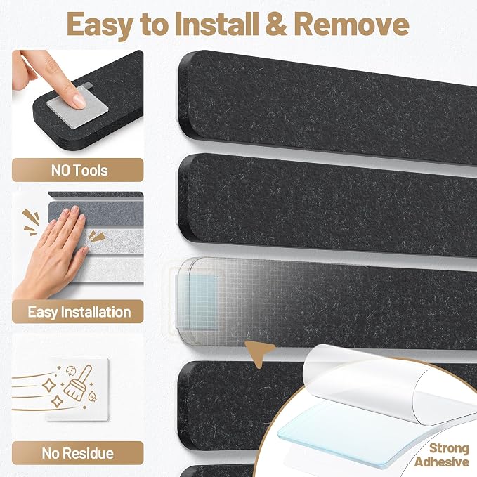 10 Pack 13"x2" Cork Board Strip with Removable Adhesive Squares & Push Pins | Pin Board Alternative Felt Strip Bulletin Board, Felt Board for Photo & Note Display, Home Office Decor - Black