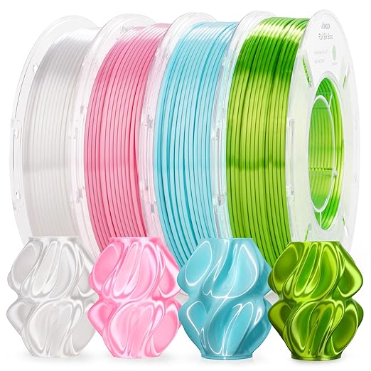 AMOLEN PLA 3D Printer Filament,PLA Filament 1.75mm,Silk Filament Bundle,White,Sakura Pink,Neon Green,Baby Blue, 3D Printing Filament Bundle, 200gX 4 Spools