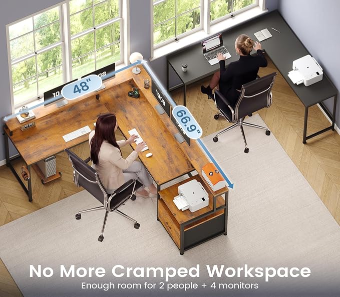 SEDETA 66" Reversible L Shaped Office Desk with Power Outlet, File Drawer | Home Office Computer Desk with Monitor Shelf, Storage Shelves, LED Lights, Rustic Brown for Corner Small Spaces