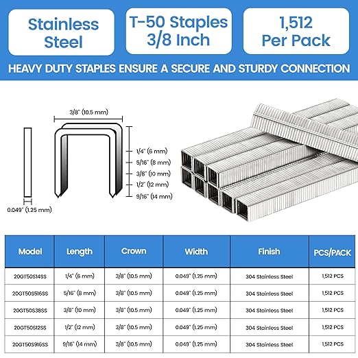 meite T50 Heavy Duty Staples Marine, 3/8 Inch 304 Stainless Steel Staples for Staple Gun, 20 Gauge 3/8 Inch Crown Upholstery Staple for Marine Applications (1 Case)