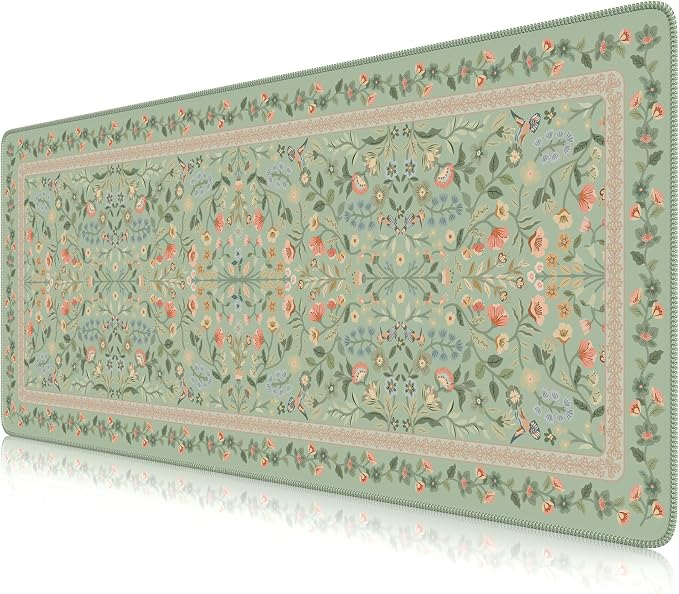 iCasso Aesthetic Floral Desk Mat,31.5x11.8in Mouse Pads,Light Green | Anti-Slip Mousepad with Stitched Edges, Waterproof Computer Pad, Desk Accessories Office Decor for Women