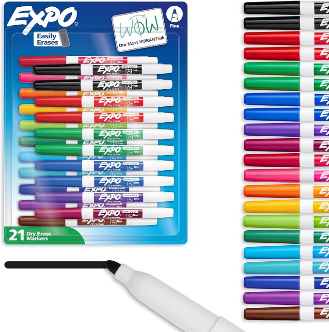 EXPO Dry Erase Markers, Low Odor Ink, Assorted Colors, Fine Tip, 21 Count - Whiteboard, Essential Supplies for Office, School, Classroom, Teachers (Pack of 12)