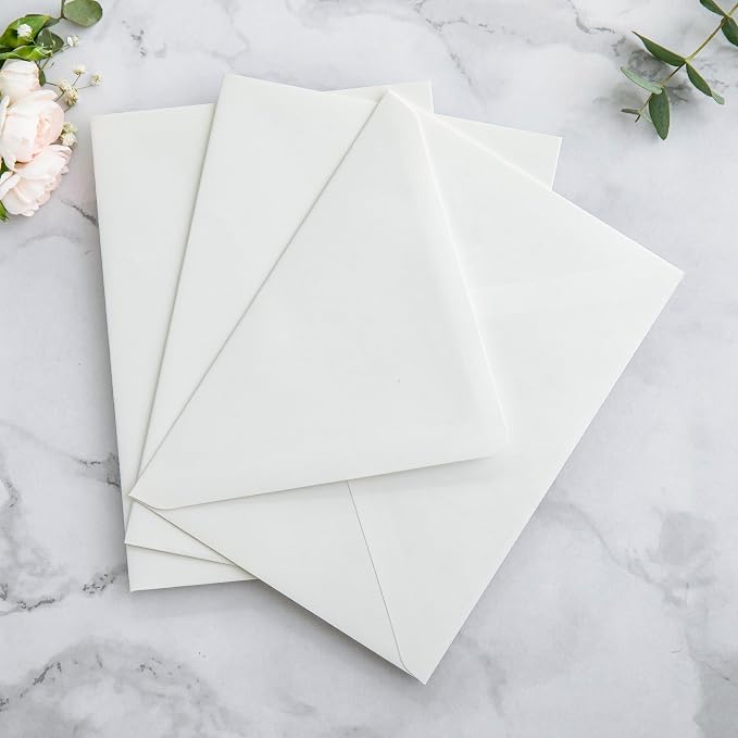 PONATIA 50PCS A7 Euro Flap Envelopes, 5.25 x 7.25'' Liner Envelope For 5x7'' Weddings Invitation Cards, Christmas Gift Cards, Acrylic Invitations, Photos (Ivory & White flower)