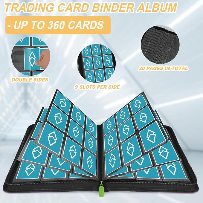 360 Cards Ringless 9-Pocket Side Loading Trading Card Binder, PU Zipper Fixed Page Card Album for TCG Sports Cards, Not Fit Top Loaders (Grass Green)