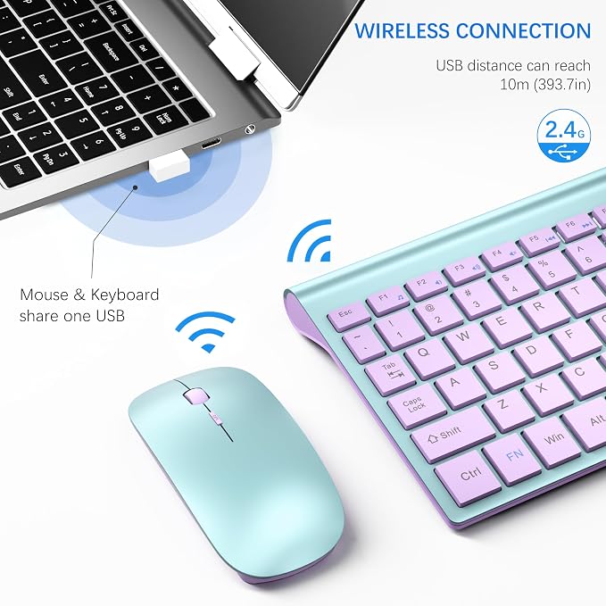 Wireless Keyboard and Mouse Ultra Slim Combo, TopMate - Blue Purple | 2.4G Silent Compact 2400DPI Mouse and Scissor Switch Keyboard Set with Cover, Batteries Included, for PC/Laptop/Windows/Mac