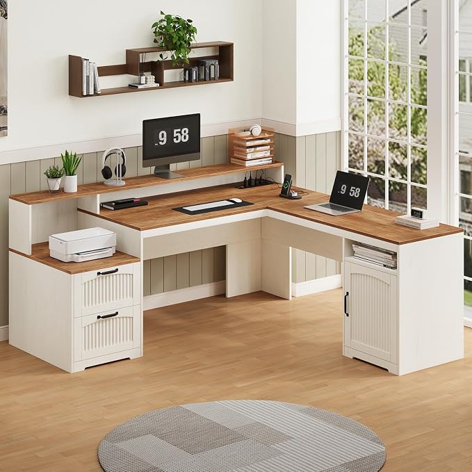 63" Farmhouse L Shaped Executive Desk with Drawers & Storage Shelf, Corner Fluted Computer Desk with Power Outlets, L Shaped Office Desk with Monitor Stand, Printer Shelf