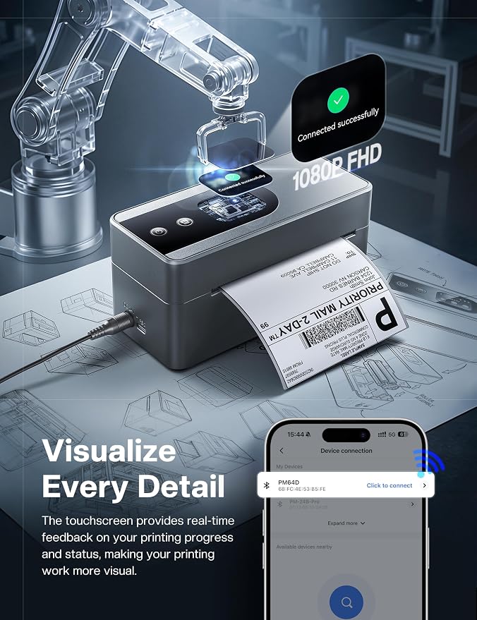 Phomemo 4x6 Shipping Label Printer with Touch Screen | Wireless bluetooth thermal label printer for small business & packages, compatible with Amazon Shopify Etsy UPS USPS