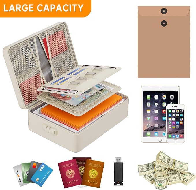 DocSafe 5200°F Fireproof Document Organizer Box with Lock, Beige (Soft) | Heat Insulated 8 Layers File Storage Bag,Water-Resistant Zipper,Home Office Travel Safe,Protects Important Documents,Laptop