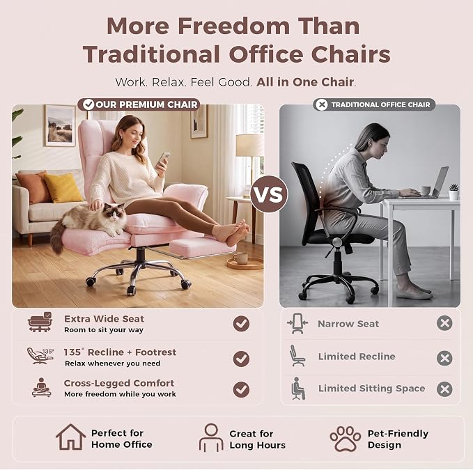 Big and Tall Office Chair, Flip Armrests for Pets & Cross Legged Sitting | Executive Ergonomic Computer Gaming Chair with Foot Rest, Teddy Fleece Wide Seat Reclining Desk Chair, Pink