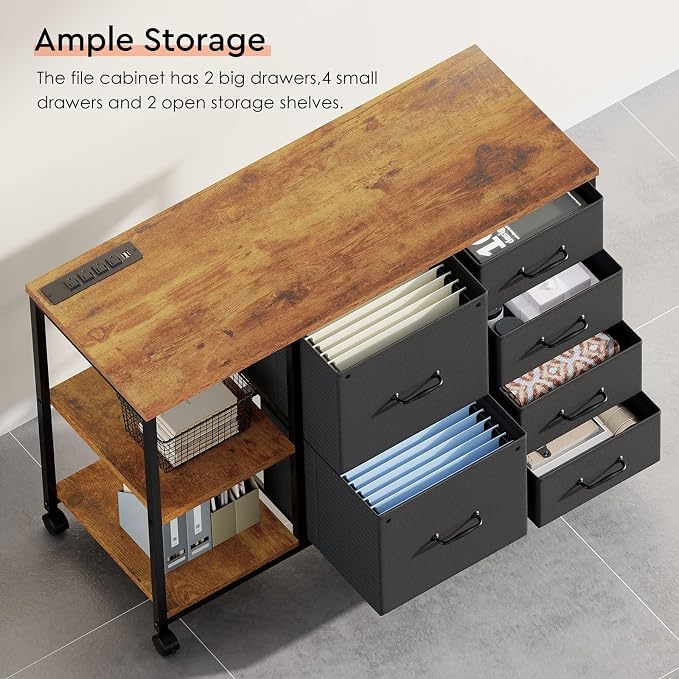 6 Drawer File Cabinet with Charging Station and Open Storage Shelf | Rustic Brown, Rolling Printer Stand Fabric Lateral Filing Cabinet for Home Office