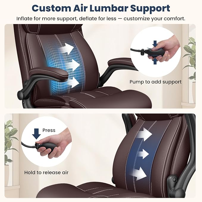 Ergonomic Office Chair, High Back Executive Leather Desk Chair | Inflatable Lumbar Support for Back Pain Relief, Heavy-Duty Computer Desk Chair for Long Workdays, Flip-Up Armrests, Coffee