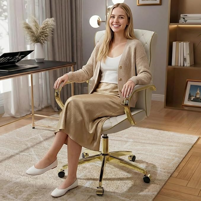 White and Gold Office Chair, Luxury Leather Executive Desk Chair | Elegant Timeless Appeal, Vintage Mid Back Styling with Wheels and Padded Arms, Thick High Density Foam Comfort