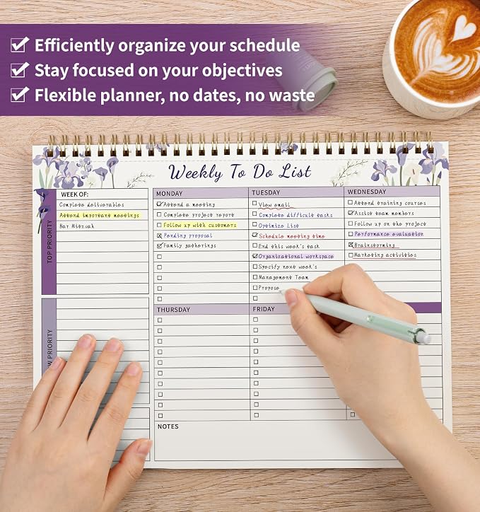 104 Pgs Weekly To Do List Notepad 52 Duplex-Printed Undated Sheets 100 GSM | （8.5"×11") Weekly Desk Planner For Work Home School Office Desk Accessories Supplies & Goal Setting Tasks - Purple Iris