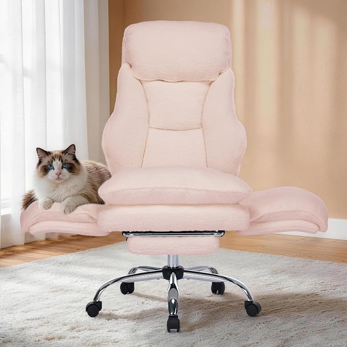 Criss Cross Office Chair with Wheels,Flip-Up Arms and Footrest, Pink | Cross Legged Office Chair, 30" Wide Seat, 7.87" Teddy Fleece Cushion, 155° Recline, 400 lb, Home Office or Vanity