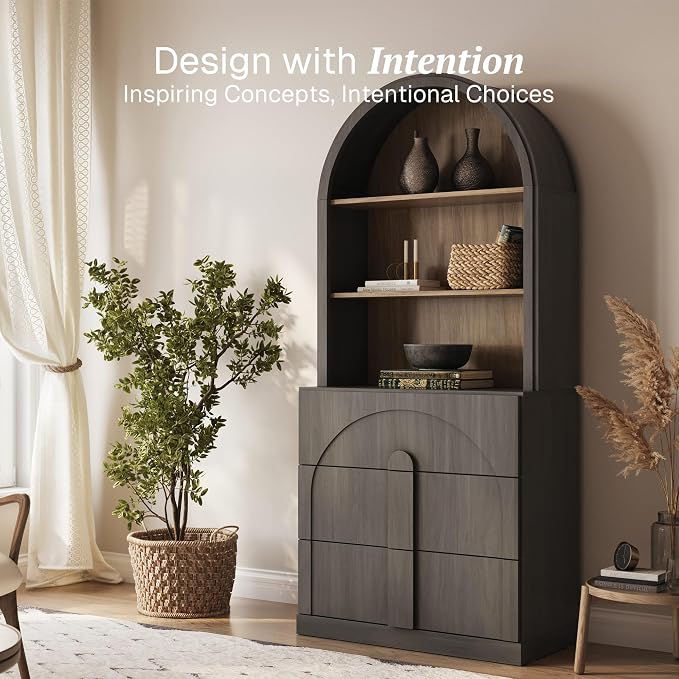 BELLEZE Arched Bookshelf with 3 Drawers, 71" Tall Modern Wood Display Cabinet with Hutch, Modern Book Case Shelf with Storage Versatile Cupboard for Living Room Office, Ebony