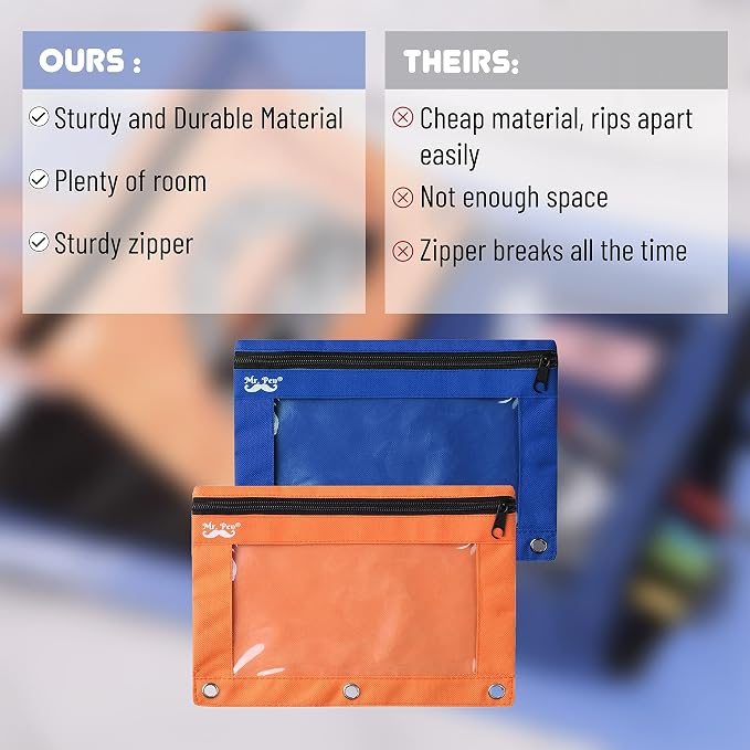 Mr. Pen- Pencil Pouch for 3 Ring Binder, 2 Pack, 10"x6.75", Smooth Zipper | Clear Window, Large Capacity Pencil Case with 3 Reinforced Grommets for School, Office, Supplies Storage