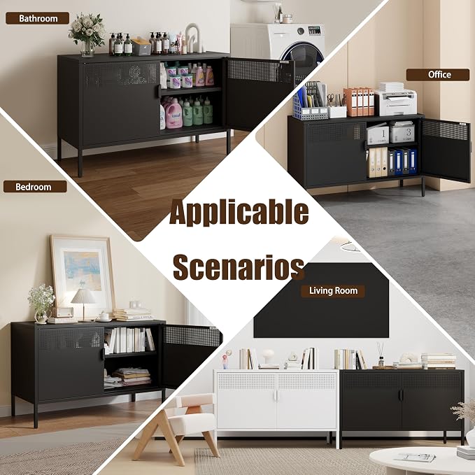 Metal Storage Cabinet with 2 Doors & Adjustable Shelves, Black | 25"H Accent Cabinet, Metal Locker Storage Cabinets, TV Stand Cabinet for Home, Office, Living Room, Entryway