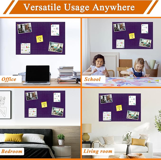 Large Square Felt Cork Board Tiles, Self Adhesive DIY Felt Bulletin Board Pin Board with 35 Pushpins for Office School Home Wall Decor Stickers Memos Photos Display (Purple)