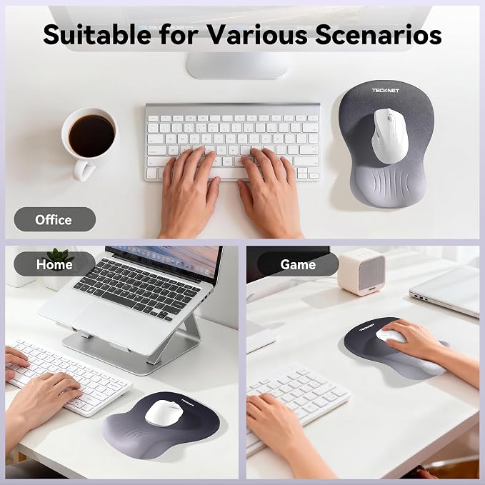 TECKNET Ergonomic Mouse Pad with Wrist Rest, Smooth Surface & Non-Slip Base | Memory Foam Mousepad with Wrist Support, Ergonomic Middle Concave for Laptop/PC, Pain Relief for Home Office Gaming, Gray