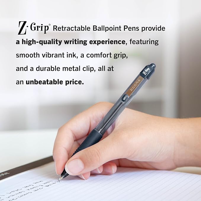 Zebra Pen Z-Grip Retractable Ballpoint Pen, Smooth-Flowing Black/Blue/Red Ink, 1.0mm Medium Point, School & Office Supplies, Ideal for Note-Taking, Journal and Planner Use, 288-Pack (22048)