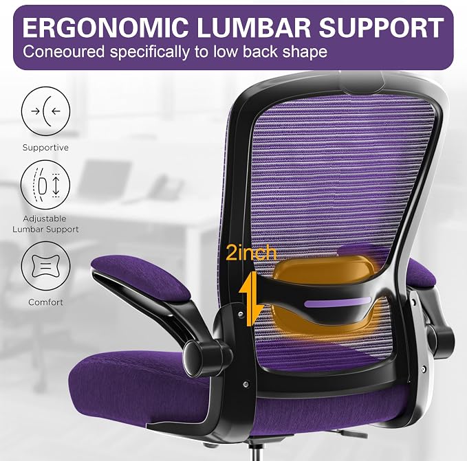 Mimoglad Office Chair, High Back Ergonomic Desk Chair with Adjustable Lumbar Support and Headrest, with flip-up Armrests for Guitar Playing, 5 Years Warranty (Modern, Dark Purple(Black Frame))