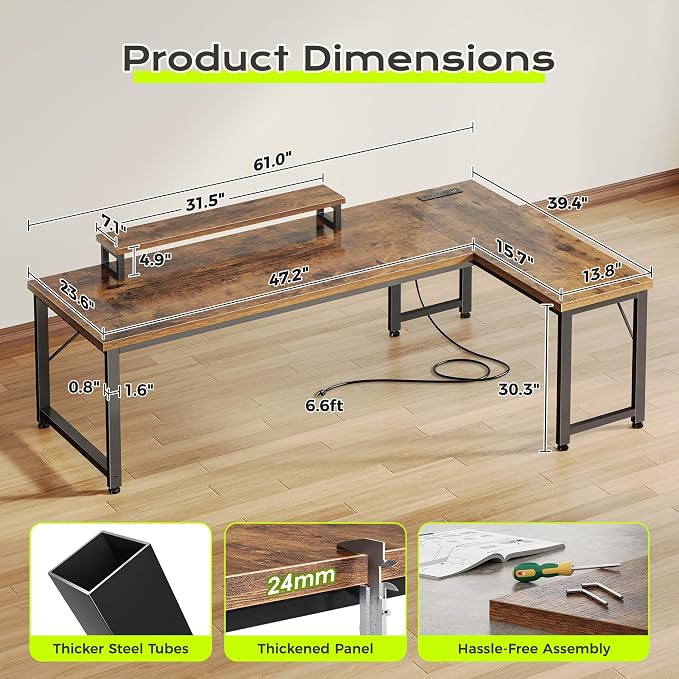 61" L Shaped Computer Desk, Outlets, Monitor Stand, Rustic Brown | USB-C Ports, Reversible Charging Station, Spacious Desktop & Legroom, 0.94 Inch Thick Desktop, for Gaming, Study & Work