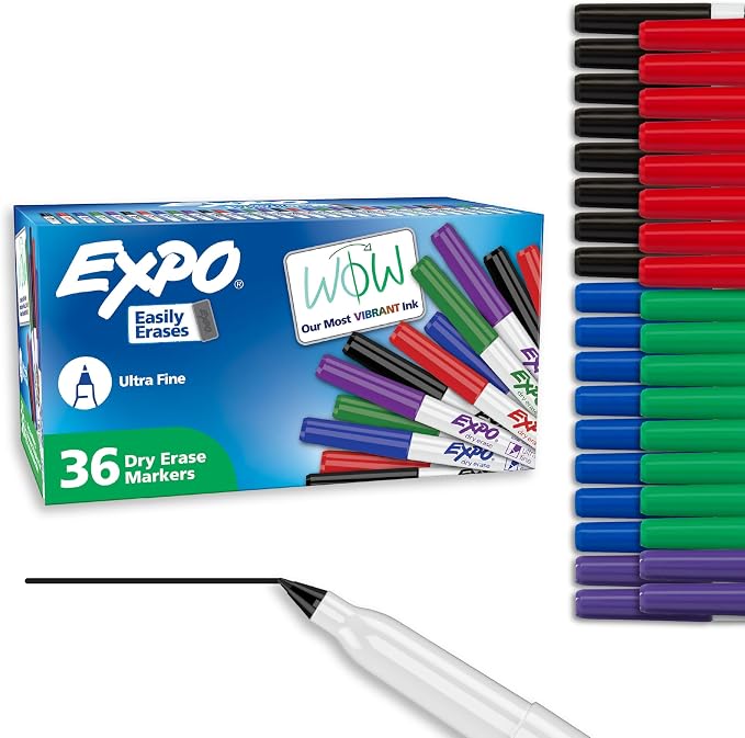 EXPO Dry Erase Markers,Low Odor Ink,Assorted Colors,Ultra Fine Tip,- For Whiteboards,Home,Office Essentials,School,Teacher Supplies,36 Count (Pack of 6)
